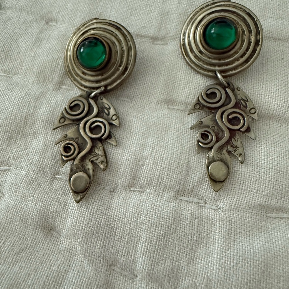 Silver and Green Spiral Drop Earrings